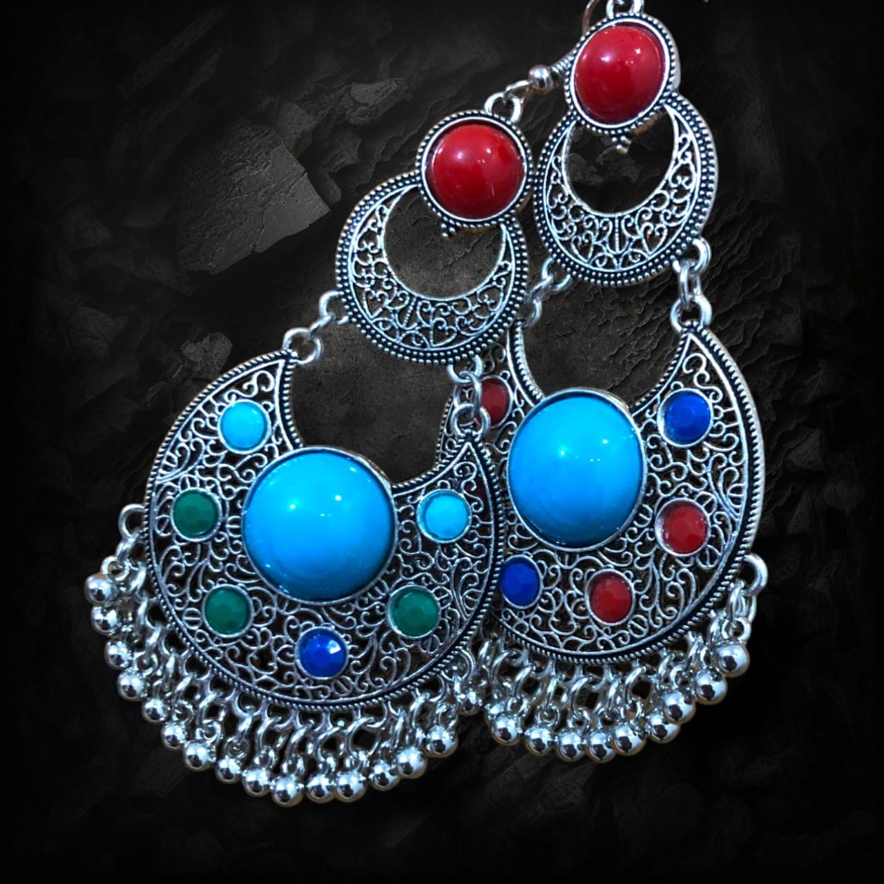 Elegant Chandbali Earrings, Afghani traditional earrings for woman | gift for her, Boho earrings | multicolor Silver tone Chandbali jhumka
