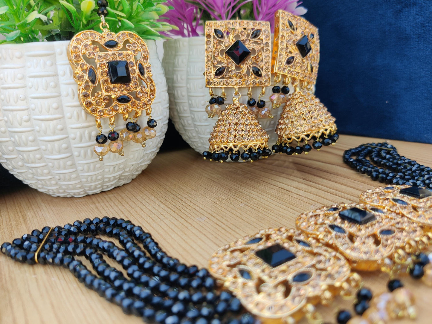 Black Beaded Handmade Necklace set for women | Earrings, bindia, choker, Black beaded choker | Haar, Jhumkay, bindi