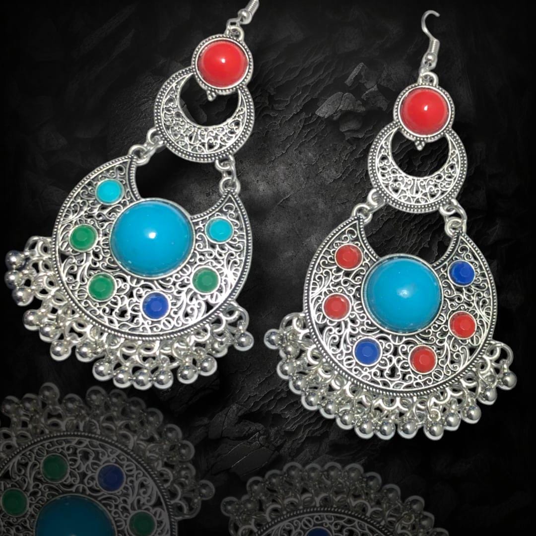 Elegant Chandbali Earrings, Afghani traditional earrings for woman | gift for her, Boho earrings | multicolor Silver tone Chandbali jhumka