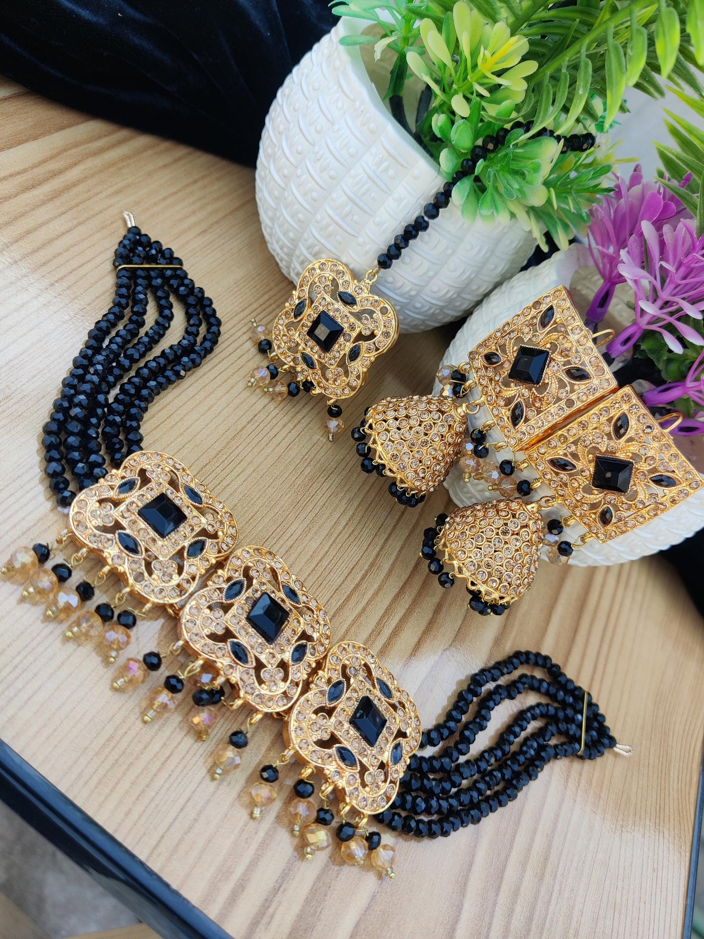 Black Beaded Handmade Necklace set for women | Earrings, bindia, choker, Black beaded choker | Haar, Jhumkay, bindi