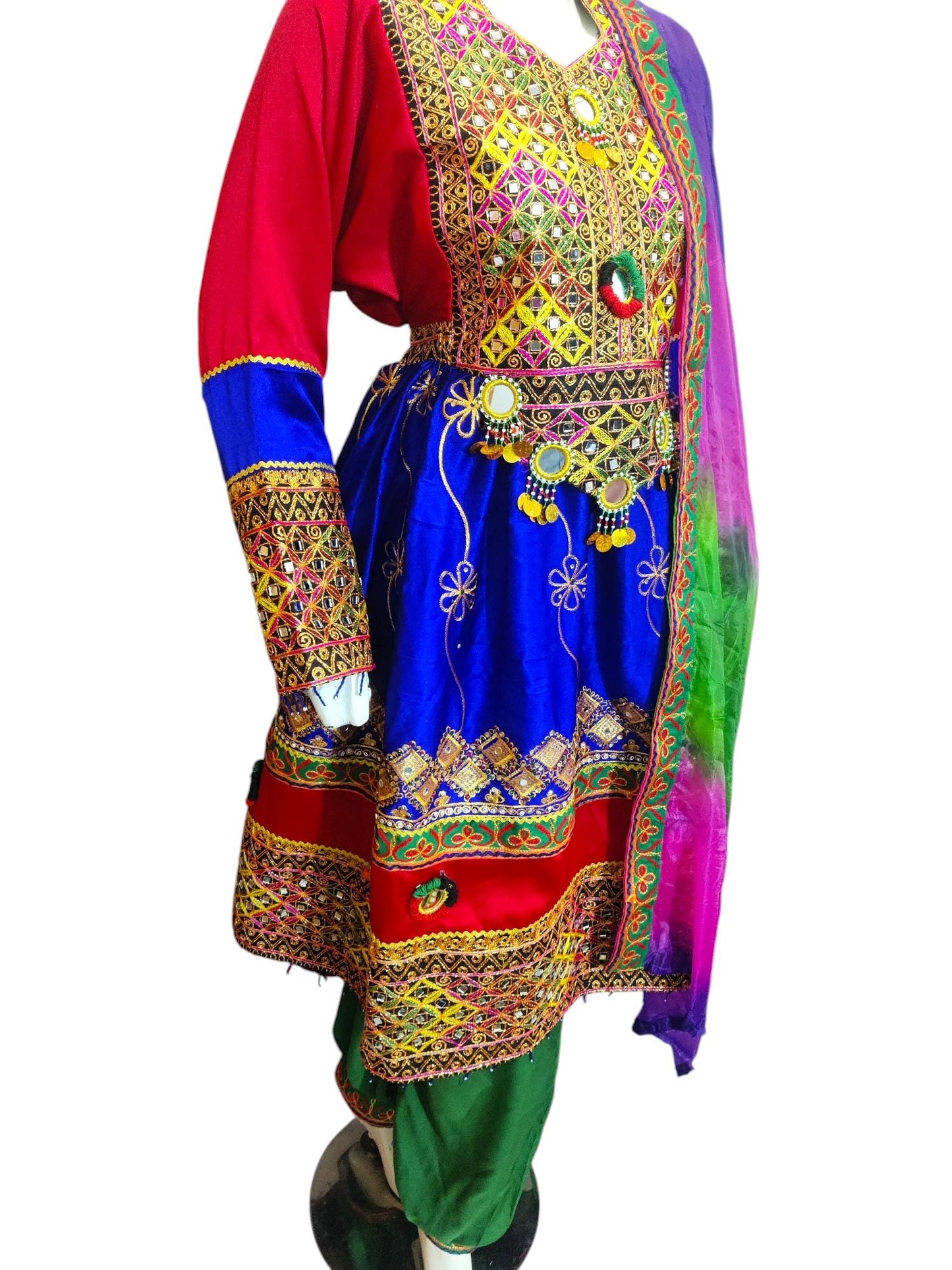 Afghani Traditional Attire | Afghan Embroidered multi color cultural ready to wear shalwar suit for women | Women's Readymade Frock Dress