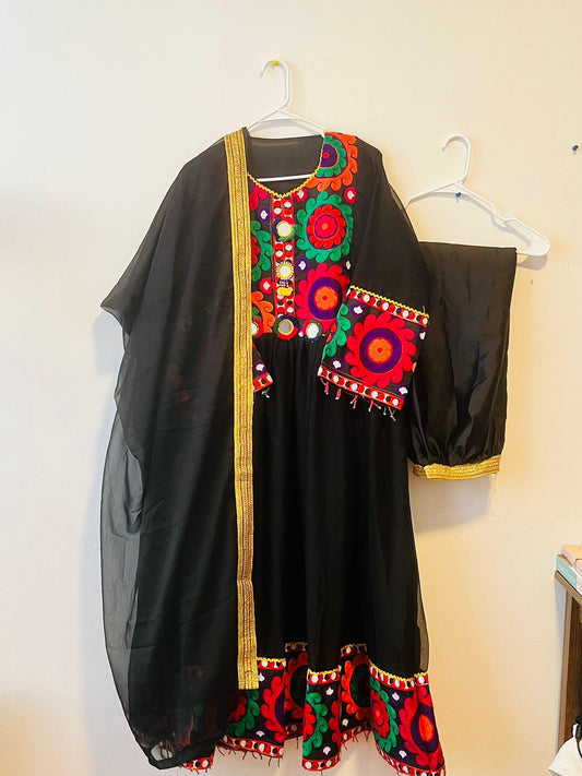 Elegant Afghan Cultural Dress - Traditional Embroidered Frock Dress for Women - Available in White and Black - Chiffon and Silk