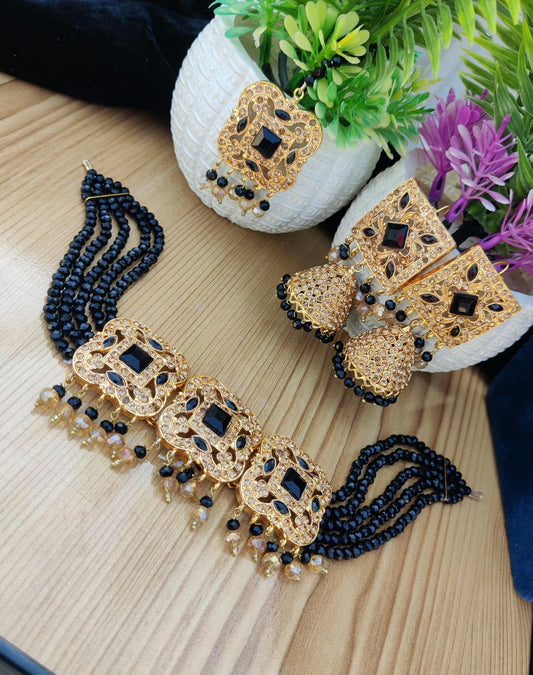 Black Beaded Handmade Necklace set for women | Earrings, bindia, choker, Black beaded choker | Haar, Jhumkay, bindi