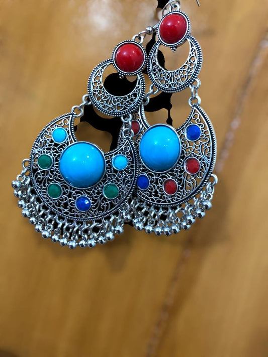 Elegant Chandbali Earrings, Afghani traditional earrings for woman | gift for her, Boho earrings | multicolor Silver tone Chandbali jhumka