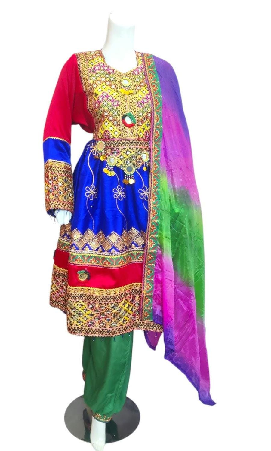 Afghani Traditional Attire | Afghan Embroidered multi color cultural ready to wear shalwar suit for women | Women's Readymade Frock Dress